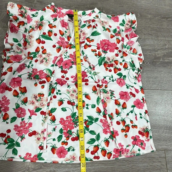 NWOT Ann Taylor Petite Floral Strawberry Mixed Media Ruffle Sleeve Tie Neck XXSP - Picture 12 of 16